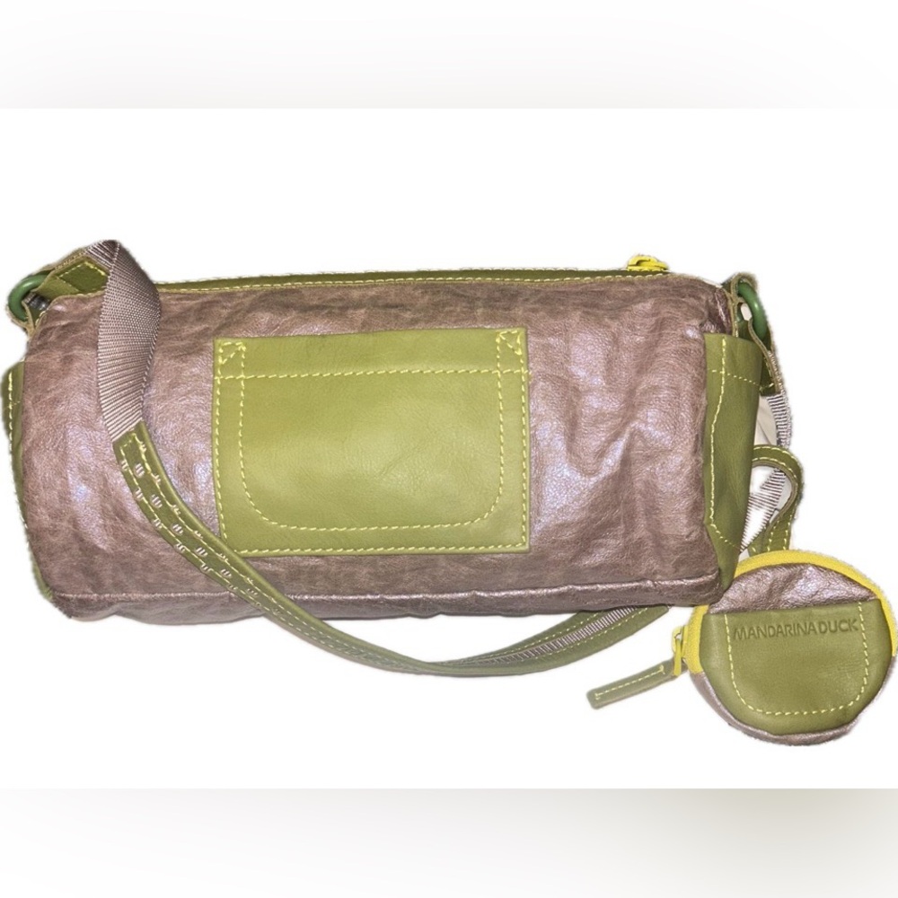 Mandarina Duck Iridescent Pink and Olive Green Leather Barrel Shoulder Bag